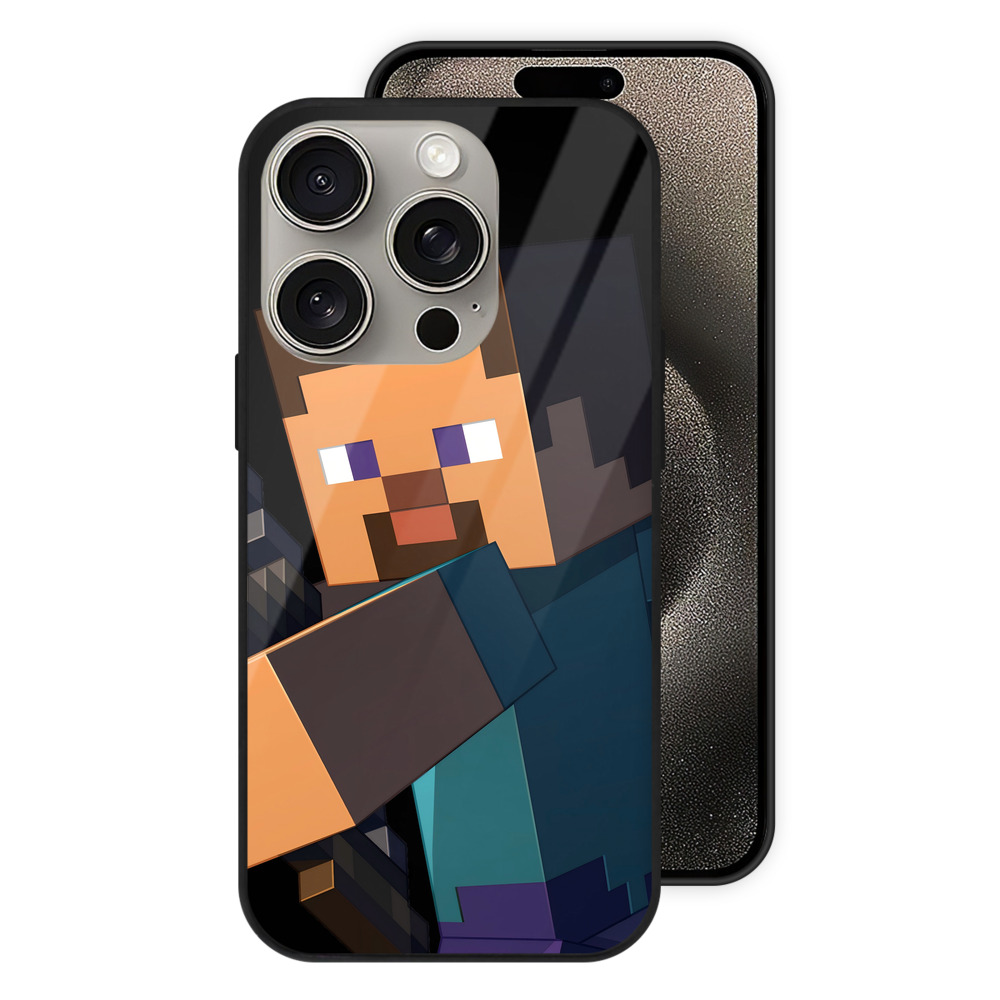 （画像用） マインクラフト ブロックの世界 Minecraft MC Block world 【iPhone15Pro対応】スマホケース 耐衝撃＆黄変防止 背面ガラス