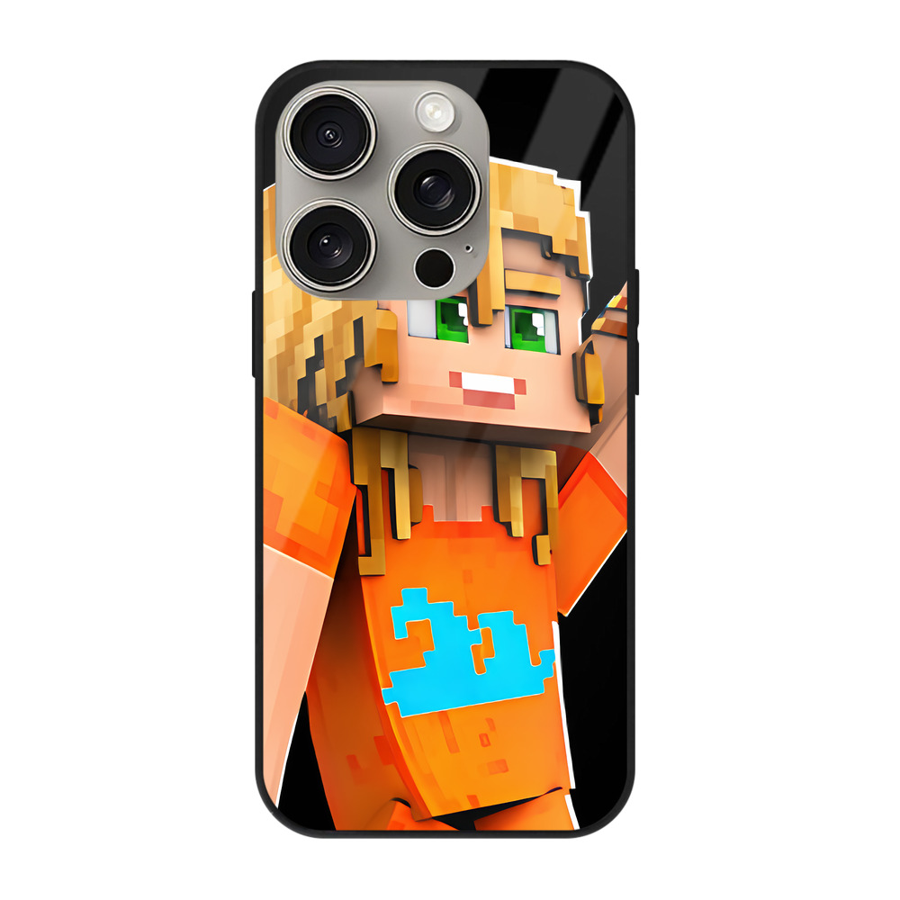（画像用） マインクラフト ブロックの世界 Minecraft MC Block world 【iPhone15Pro対応】スマホケース 耐衝撃＆黄変防止 背面ガラス
