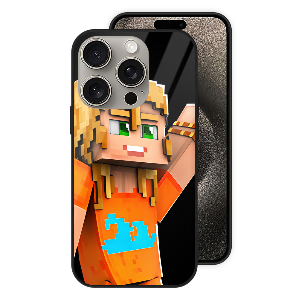 （画像用） マインクラフト ブロックの世界 Minecraft MC Block world 【iPhone15Pro対応】スマホケース 耐衝撃＆黄変防止 背面ガラス