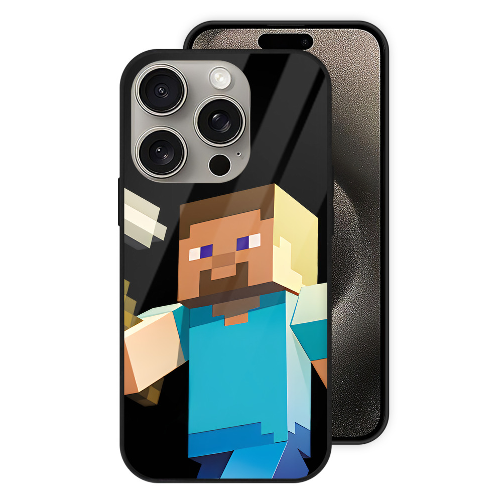 （画像用） マインクラフト ブロックの世界 Minecraft MC Block world 【iPhone15Pro対応】スマホケース 耐衝撃＆黄変防止 背面ガラス