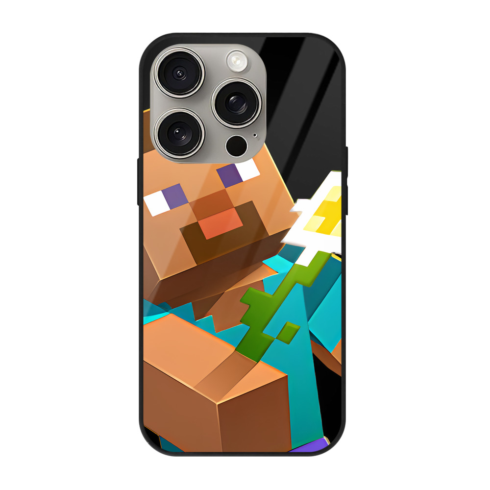 （画像用） マインクラフト ブロックの世界 Minecraft MC Block world 【iPhone15Pro対応】スマホケース 耐衝撃＆黄変防止 背面ガラス