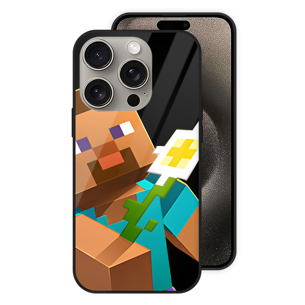 （画像用） マインクラフト ブロックの世界 Minecraft MC Block world 【iPhone15Pro対応】スマホケース 耐衝撃＆黄変防止 背面ガラス
