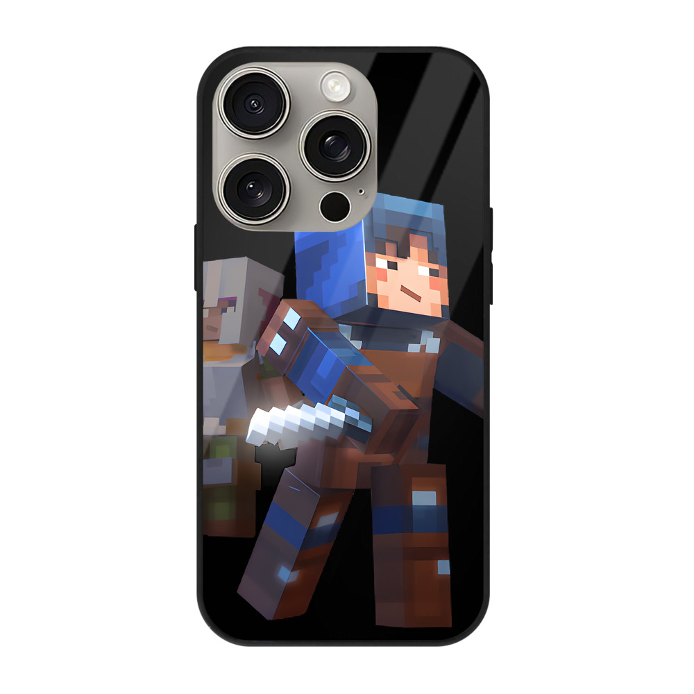 （画像用） マインクラフト ブロックの世界 Minecraft MC Block world 【iPhone15Pro対応】スマホケース 耐衝撃＆黄変防止 背面ガラス