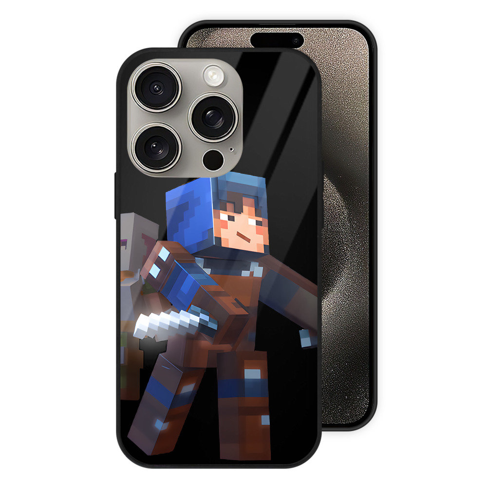 （画像用） マインクラフト ブロックの世界 Minecraft MC Block world 【iPhone15Pro対応】スマホケース 耐衝撃＆黄変防止 背面ガラス