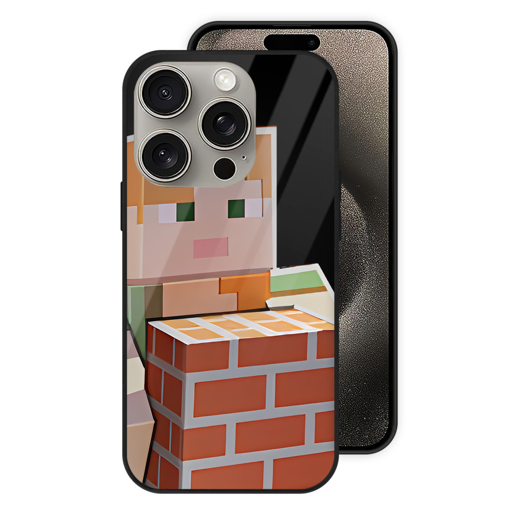 （画像用） マインクラフト ブロックの世界 Minecraft MC Block world 【iPhone15Pro対応】スマホケース 耐衝撃＆黄変防止 背面ガラス