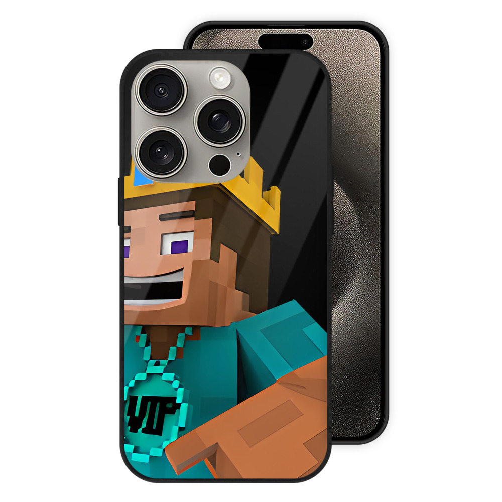（画像用） マインクラフト ブロックの世界 Minecraft MC Block world 【iPhone15Pro対応】スマホケース 耐衝撃＆黄変防止 背面ガラス