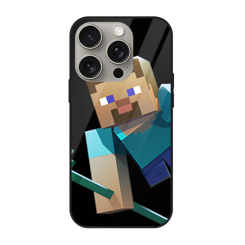 （画像用） マインクラフト ブロックの世界 Minecraft MC Block world 【iPhone15Pro対応】スマホケース 耐衝撃＆黄変防止 背面ガラス