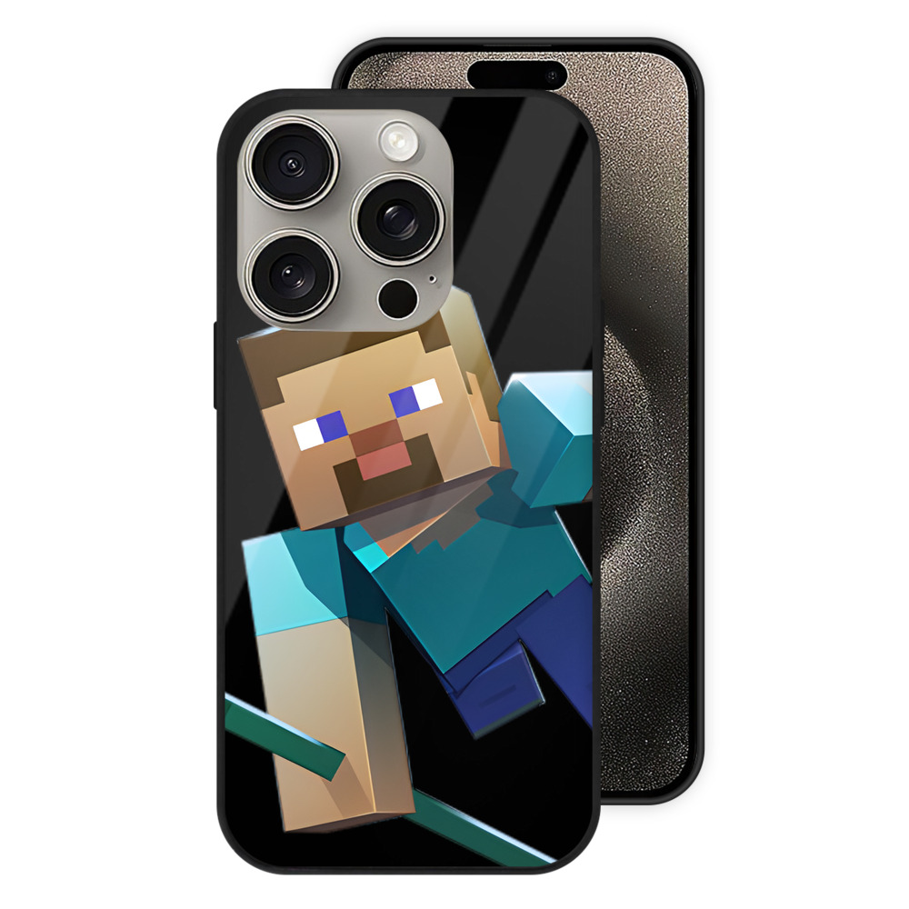 （画像用） マインクラフト ブロックの世界 Minecraft MC Block world 【iPhone15Pro対応】スマホケース 耐衝撃＆黄変防止 背面ガラス