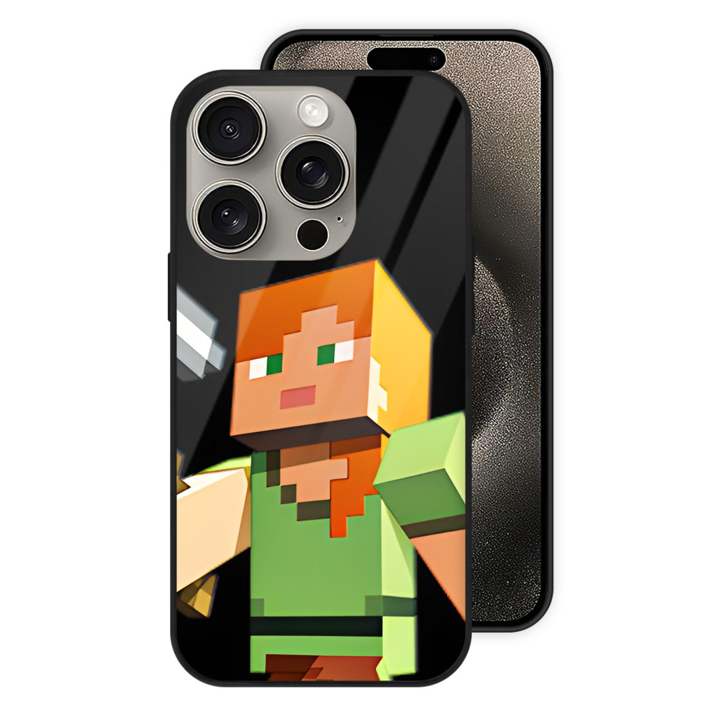 （画像用） マインクラフト ブロックの世界 Minecraft MC Block world 【iPhone15Pro対応】スマホケース 耐衝撃＆黄変防止 背面ガラス