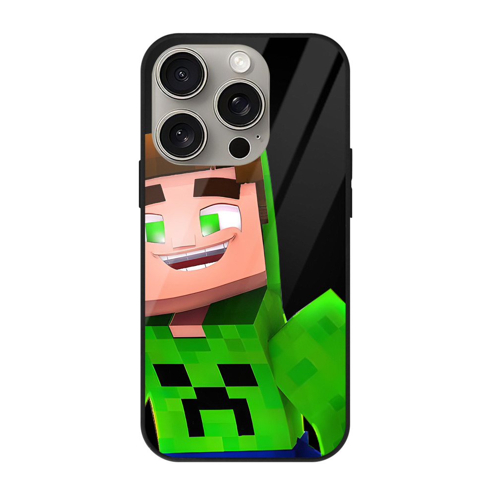 （画像用） マインクラフト ブロックの世界 Minecraft MC Block world 【iPhone15Pro対応】スマホケース 耐衝撃＆黄変防止 背面ガラス