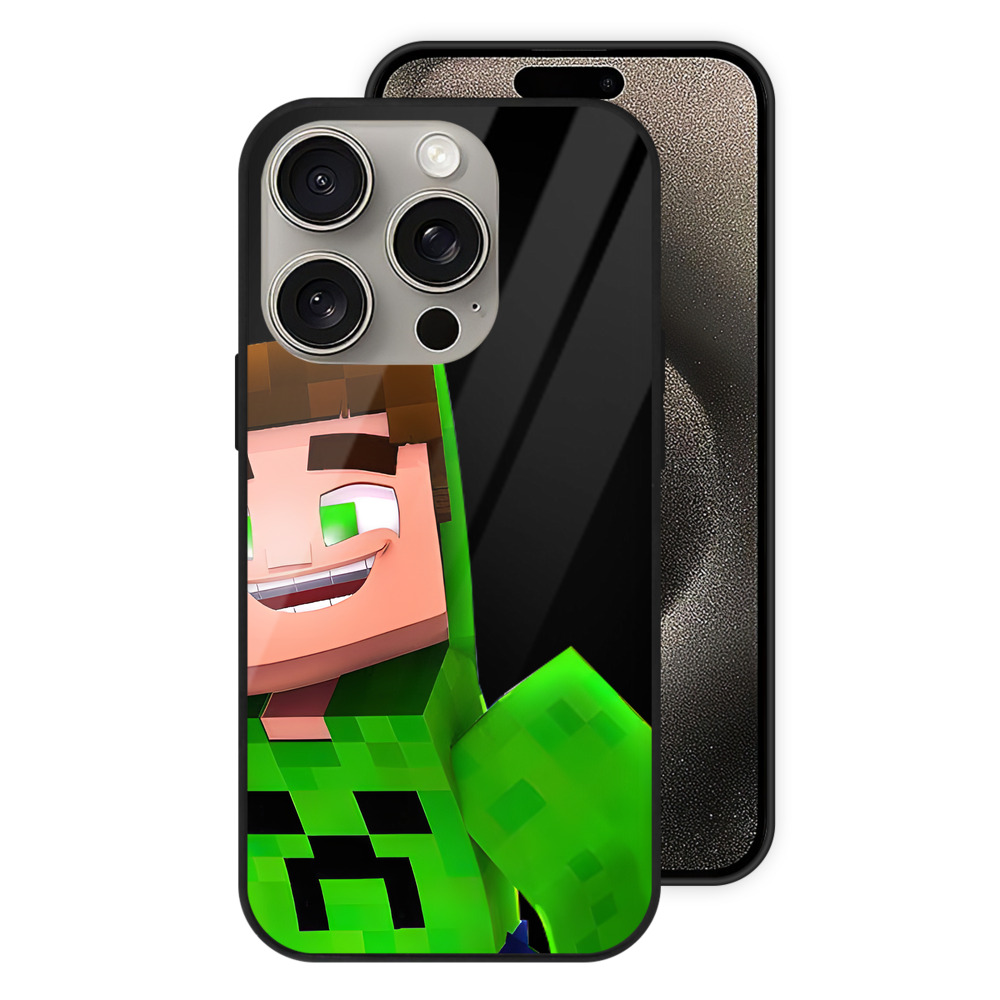 （画像用） マインクラフト ブロックの世界 Minecraft MC Block world 【iPhone15Pro対応】スマホケース 耐衝撃＆黄変防止 背面ガラス