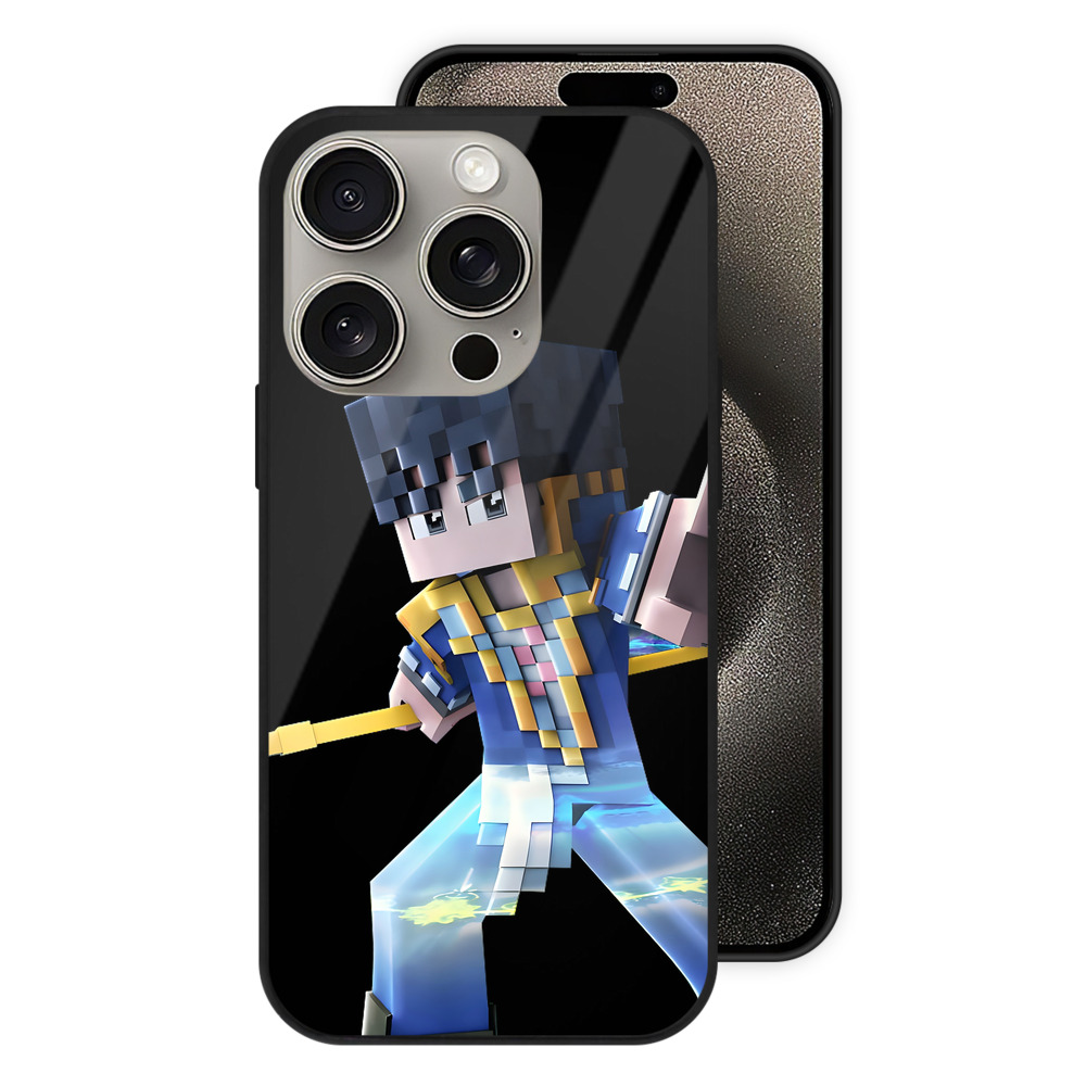 （画像用） マインクラフト ブロックの世界 Minecraft MC Block world 【iPhone15Pro対応】スマホケース 耐衝撃＆黄変防止 背面ガラス