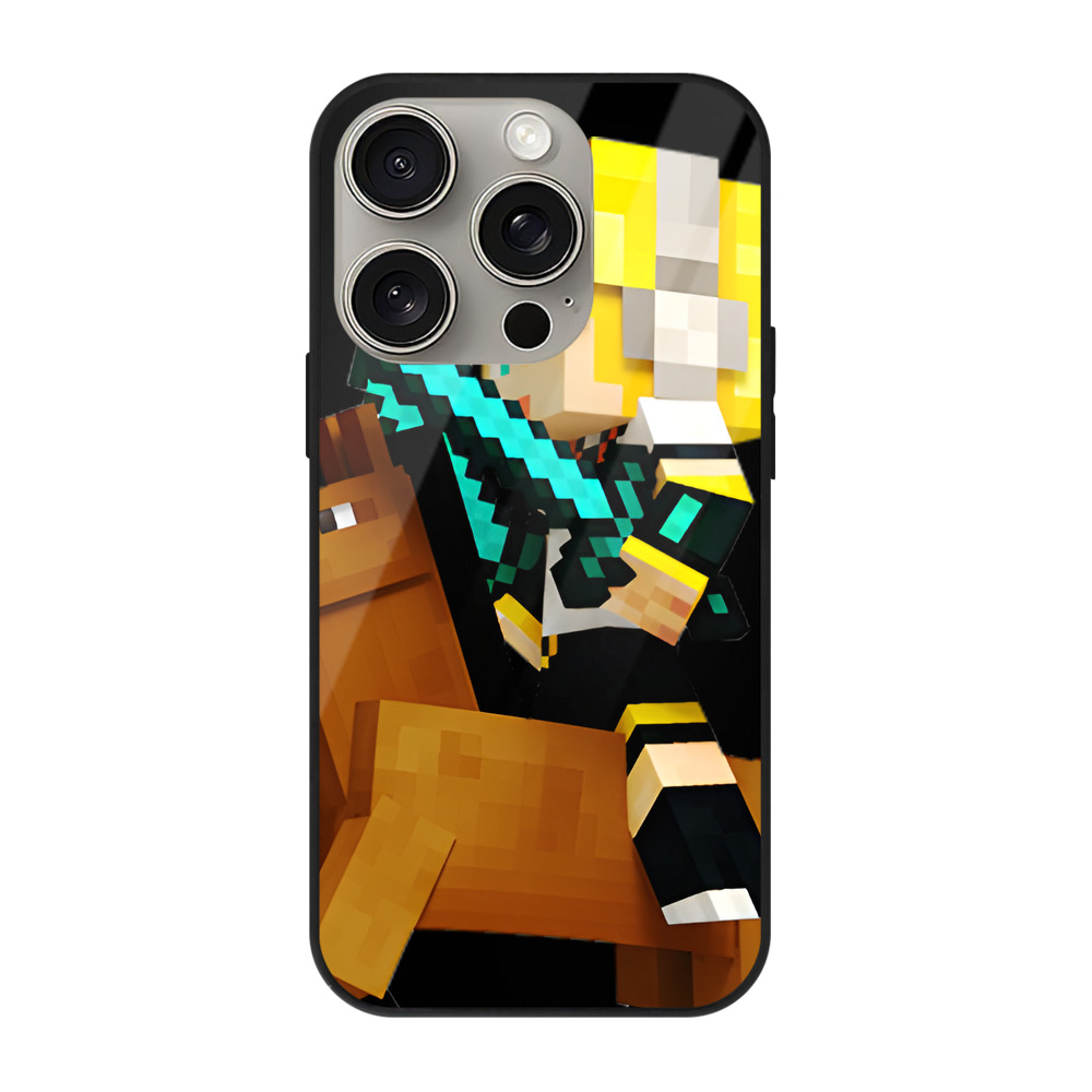 （画像用） マインクラフト ブロックの世界 Minecraft MC Block world 【iPhone15Pro対応】スマホケース 耐衝撃＆黄変防止 背面ガラス