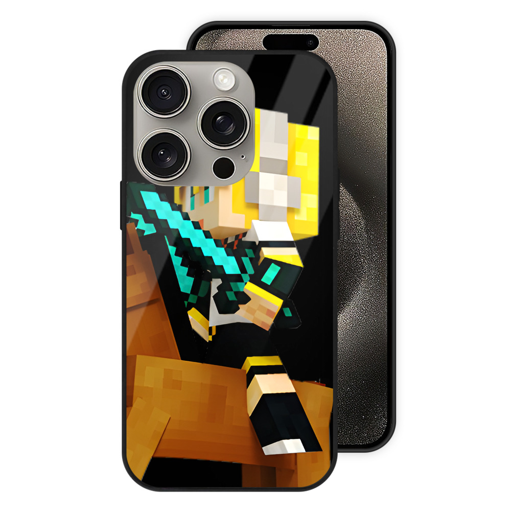 （画像用） マインクラフト ブロックの世界 Minecraft MC Block world 【iPhone15Pro対応】スマホケース 耐衝撃＆黄変防止 背面ガラス