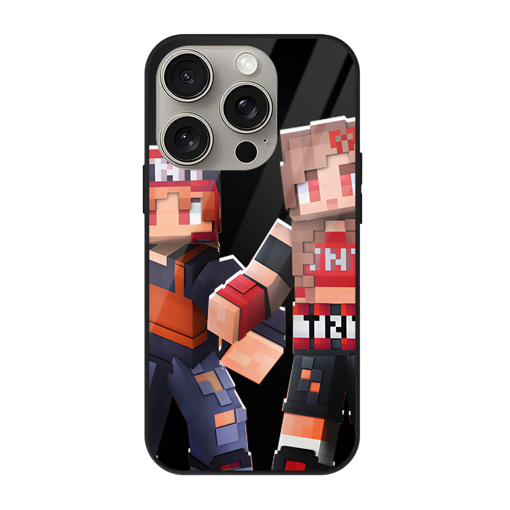 （画像用） マインクラフト ブロックの世界 Minecraft MC Block world 【iPhone15Pro対応】スマホケース 耐衝撃＆黄変防止 背面ガラス