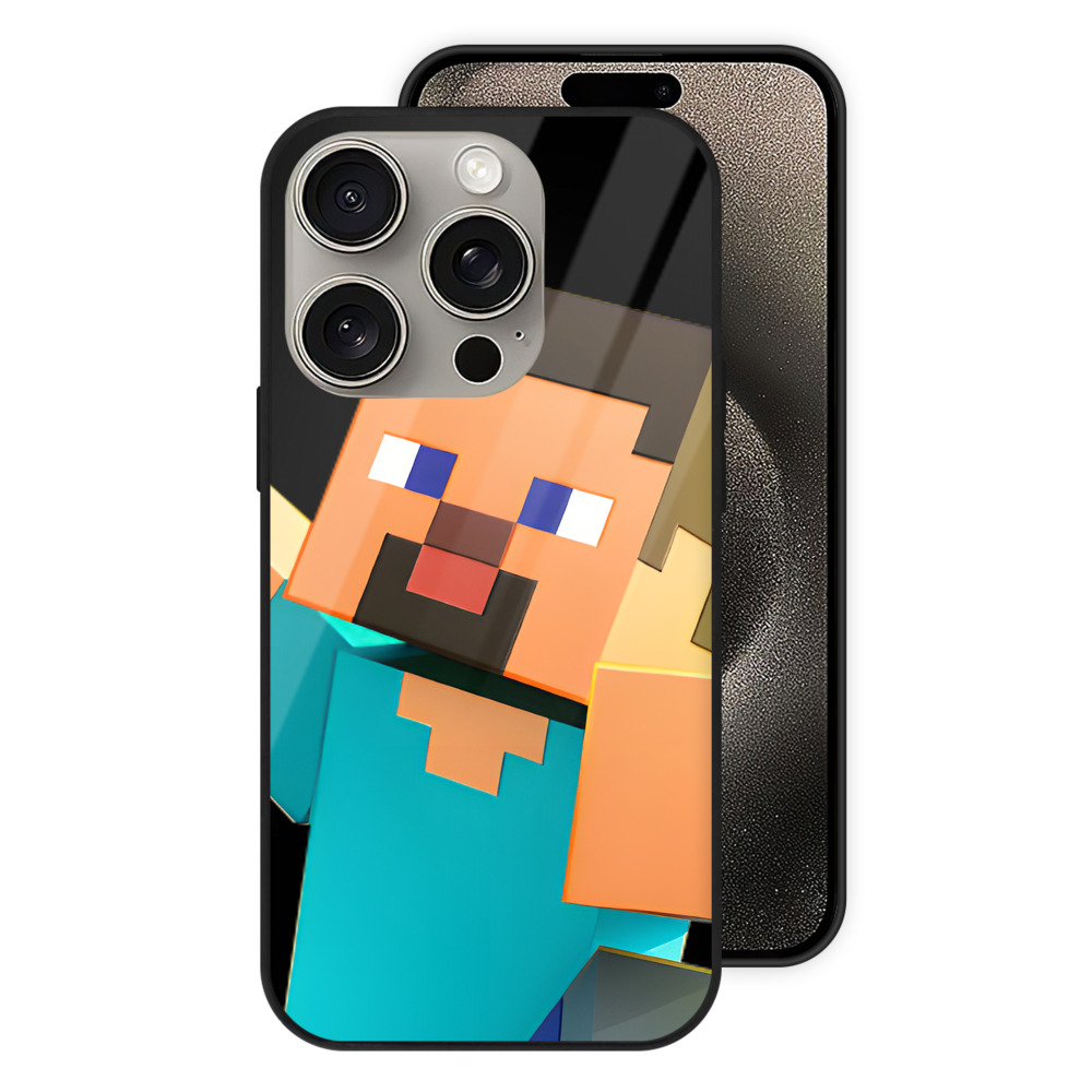（画像用） マインクラフト ブロックの世界 Minecraft MC Block world 【iPhone15Pro対応】スマホケース 耐衝撃＆黄変防止 背面ガラス