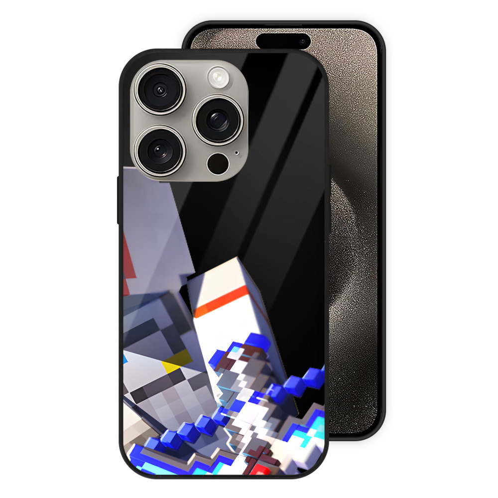 （画像用） マインクラフト ブロックの世界 Minecraft MC Block world 【iPhone15Pro対応】スマホケース 耐衝撃＆黄変防止 背面ガラス