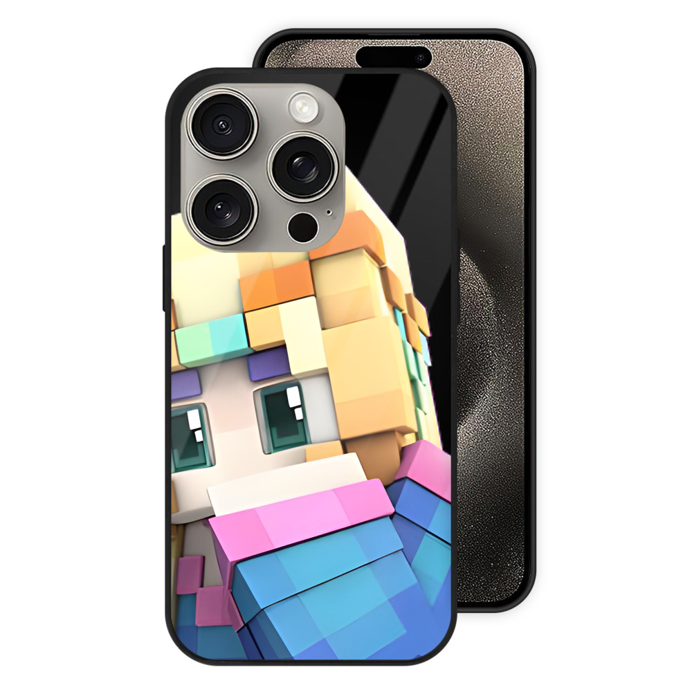 （画像用） マインクラフト ブロックの世界 Minecraft MC Block world 【iPhone15Pro対応】スマホケース 耐衝撃＆黄変防止 背面ガラス