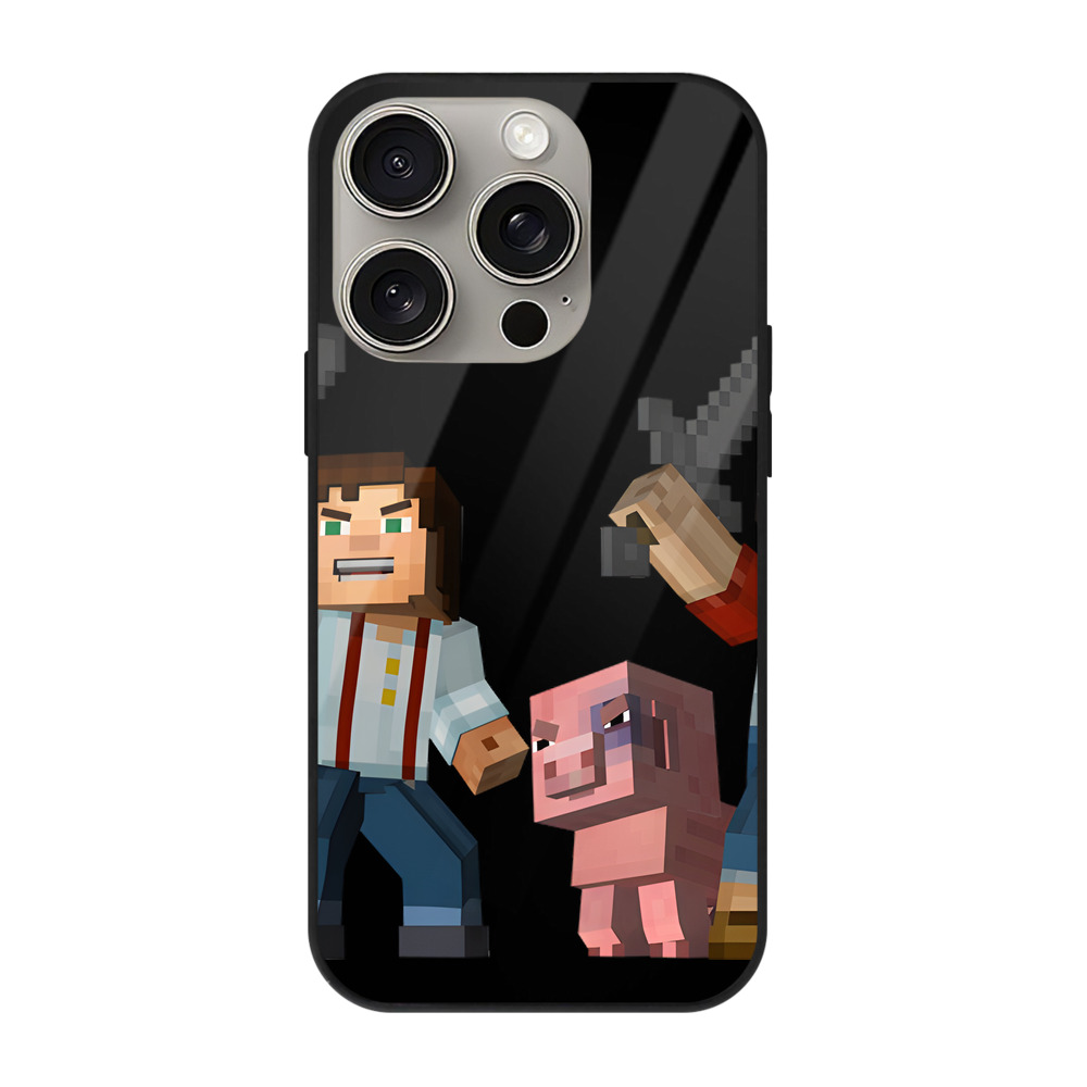 （画像用） マインクラフト ブロックの世界 Minecraft MC Block world 【iPhone15Pro対応】スマホケース 耐衝撃＆黄変防止 背面ガラス