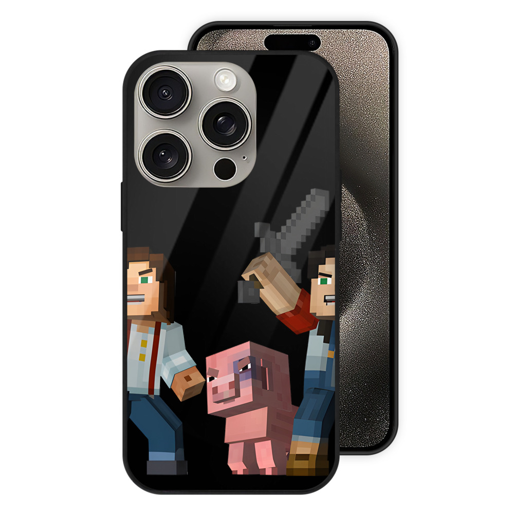 （画像用） マインクラフト ブロックの世界 Minecraft MC Block world 【iPhone15Pro対応】スマホケース 耐衝撃＆黄変防止 背面ガラス