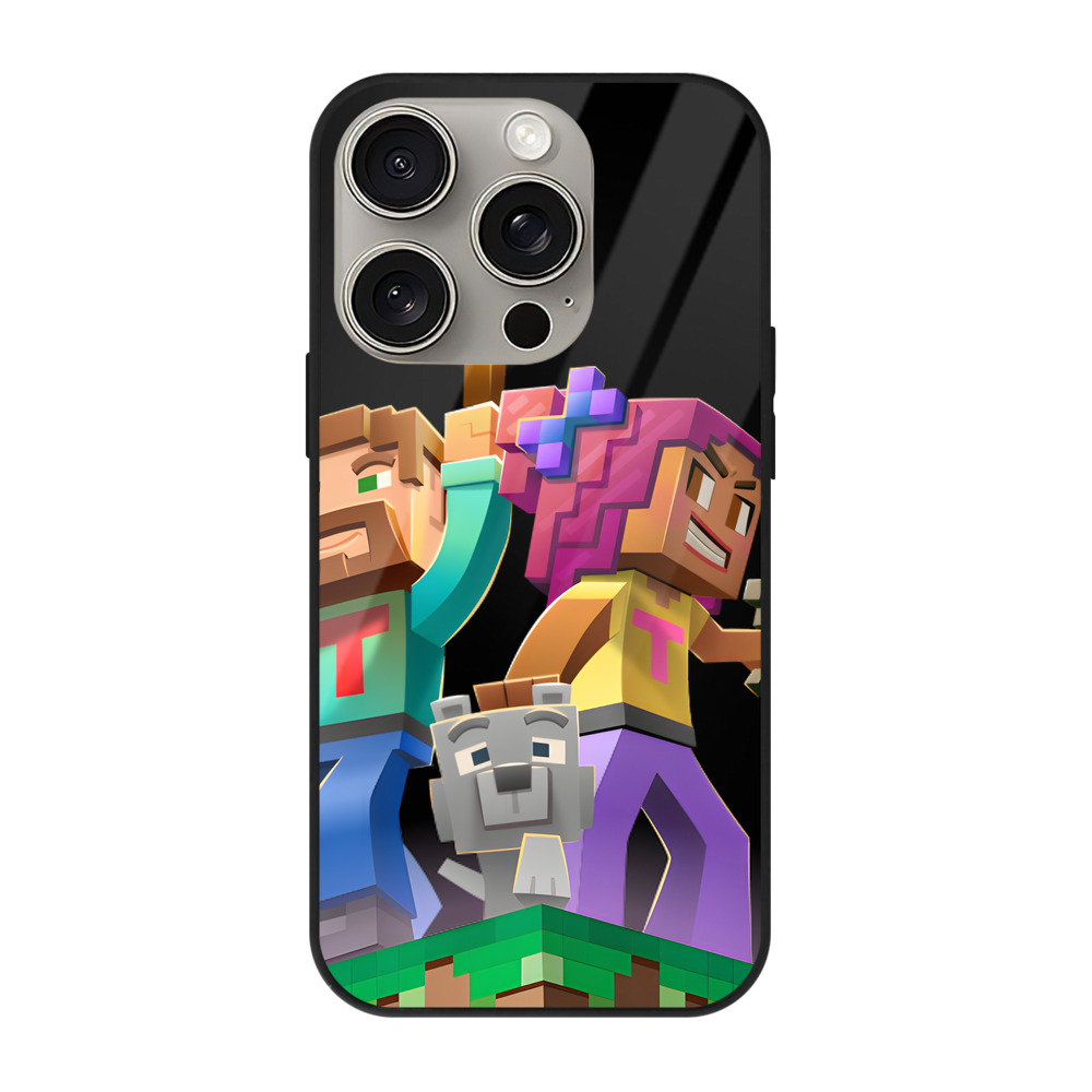 （画像用） マインクラフト ブロックの世界 Minecraft MC Block world 【iPhone15Pro対応】スマホケース 耐衝撃＆黄変防止 背面ガラス