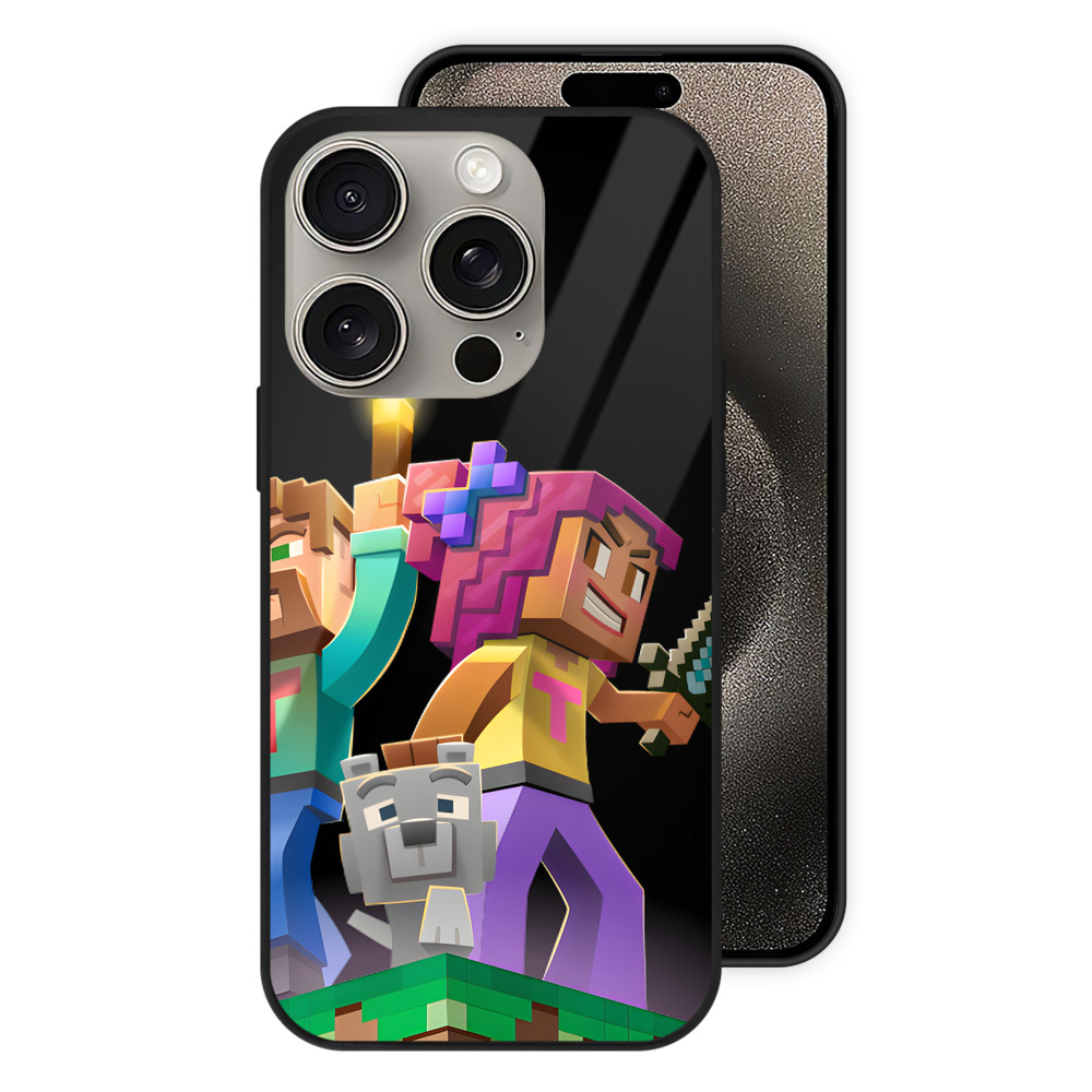 （画像用） マインクラフト ブロックの世界 Minecraft MC Block world 【iPhone15Pro対応】スマホケース 耐衝撃＆黄変防止 背面ガラス