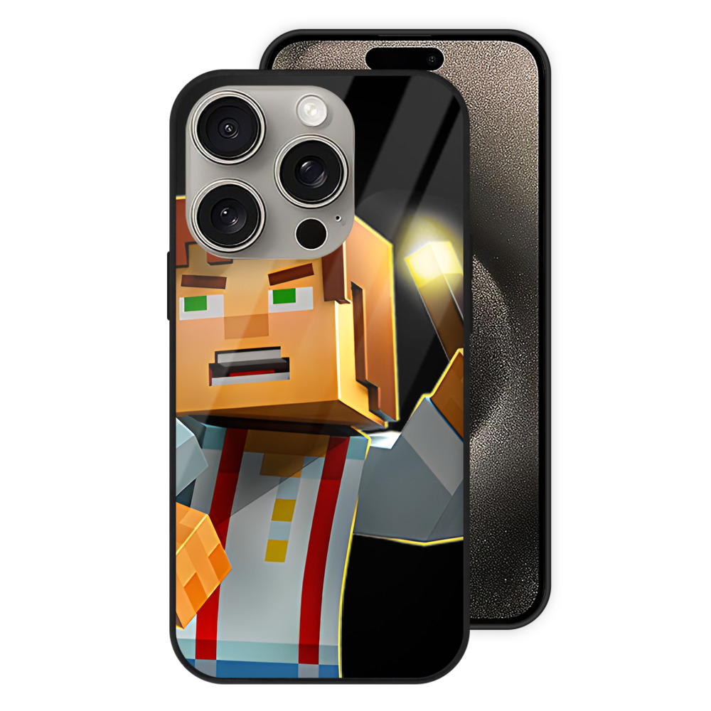 （画像用） マインクラフト ブロックの世界 Minecraft MC Block world 【iPhone15Pro対応】スマホケース 耐衝撃＆黄変防止 背面ガラス