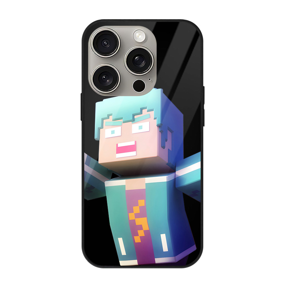 （画像用） マインクラフト ブロックの世界 Minecraft MC Block world 【iPhone15Pro対応】スマホケース 耐衝撃＆黄変防止 背面ガラス