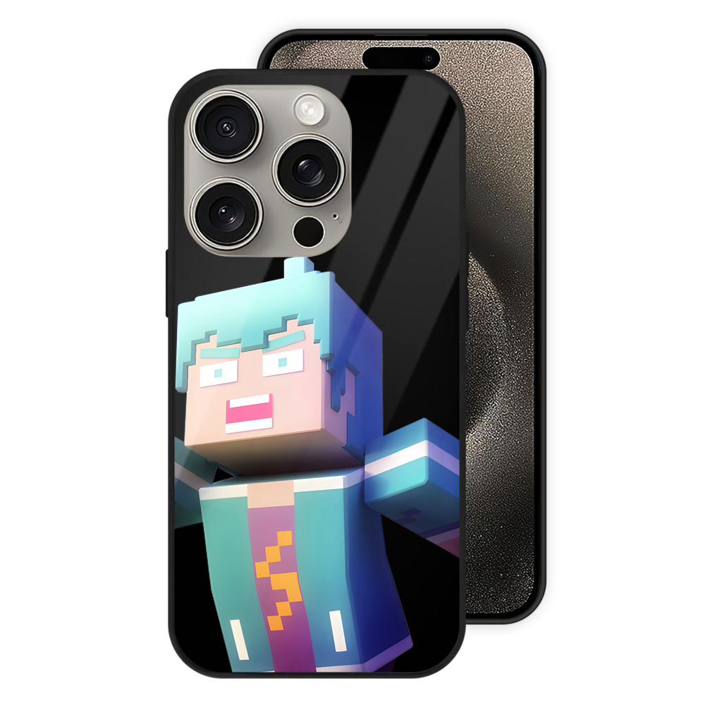 （画像用） マインクラフト ブロックの世界 Minecraft MC Block world 【iPhone15Pro対応】スマホケース 耐衝撃＆黄変防止 背面ガラス