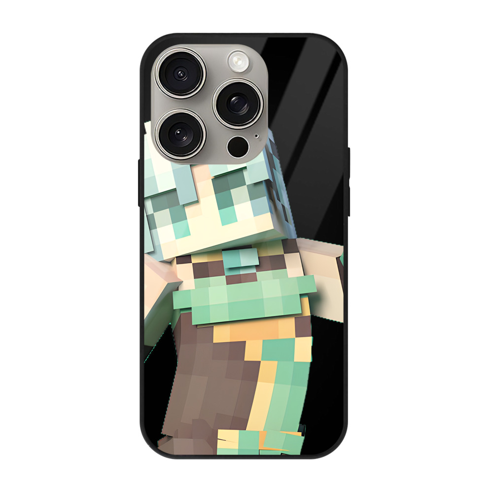 （画像用） マインクラフト ブロックの世界 Minecraft MC Block world 【iPhone15Pro対応】スマホケース 耐衝撃＆黄変防止 背面ガラス