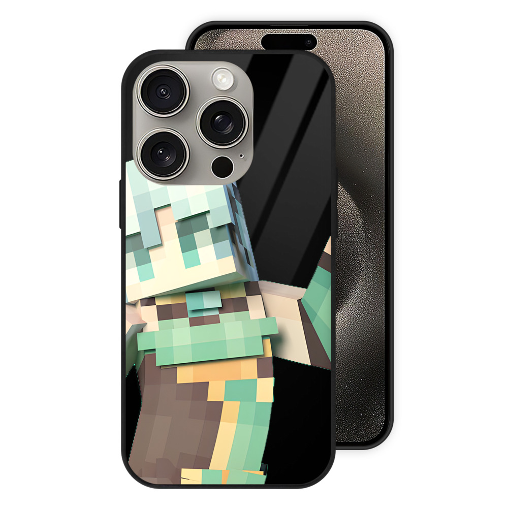 （画像用） マインクラフト ブロックの世界 Minecraft MC Block world 【iPhone15Pro対応】スマホケース 耐衝撃＆黄変防止 背面ガラス