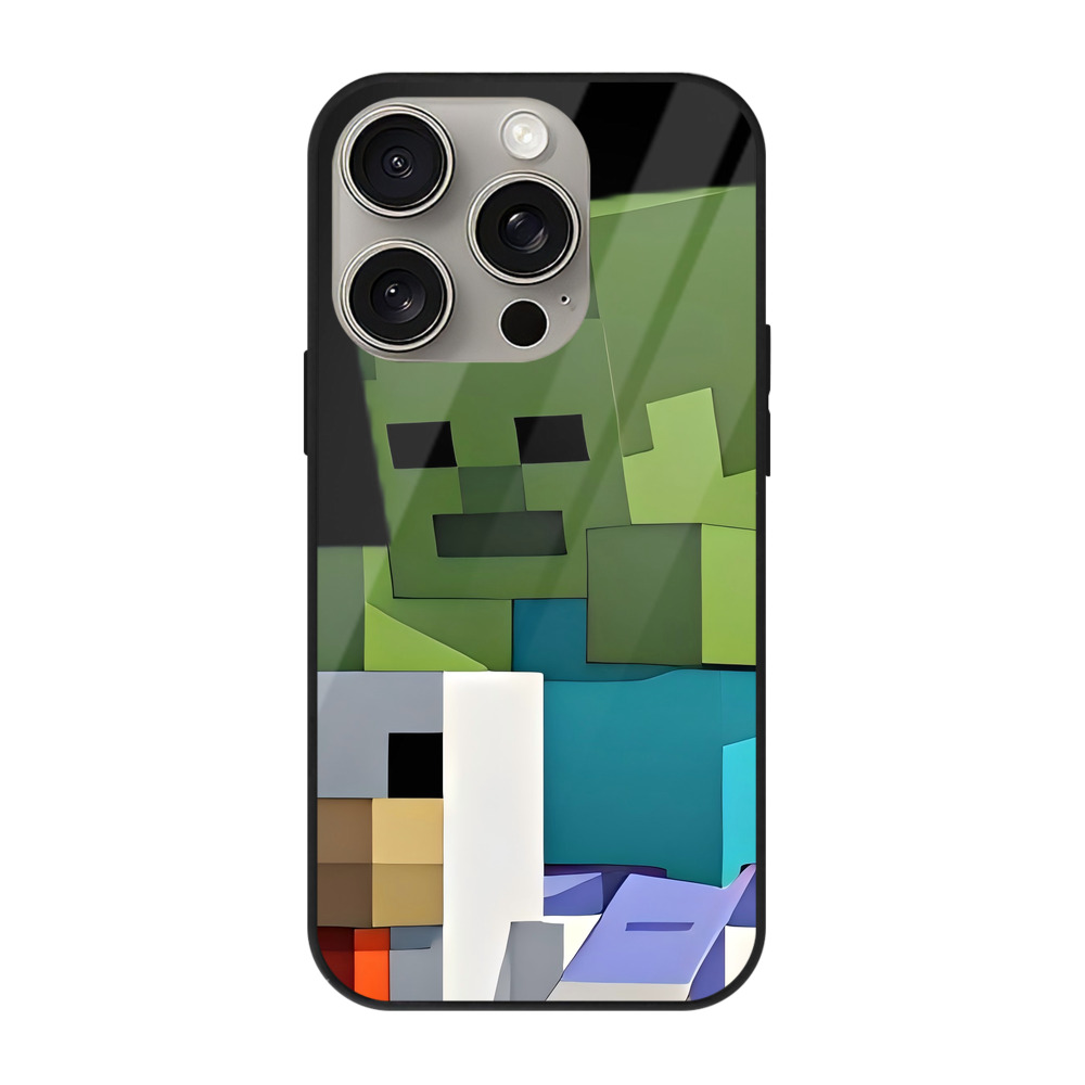 （画像用） マインクラフト ブロックの世界 Minecraft MC Block world 【iPhone15Pro対応】スマホケース 耐衝撃＆黄変防止 背面ガラス