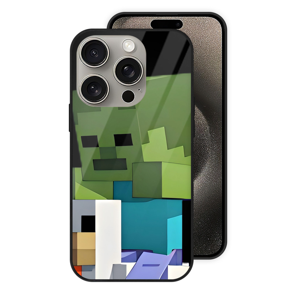 （画像用） マインクラフト ブロックの世界 Minecraft MC Block world 【iPhone15Pro対応】スマホケース 耐衝撃＆黄変防止 背面ガラス
