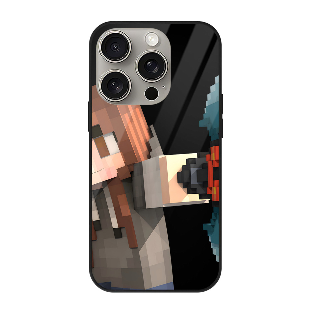 （画像用） マインクラフト ブロックの世界 Minecraft MC Block world 【iPhone15Pro対応】スマホケース 耐衝撃＆黄変防止 背面ガラス