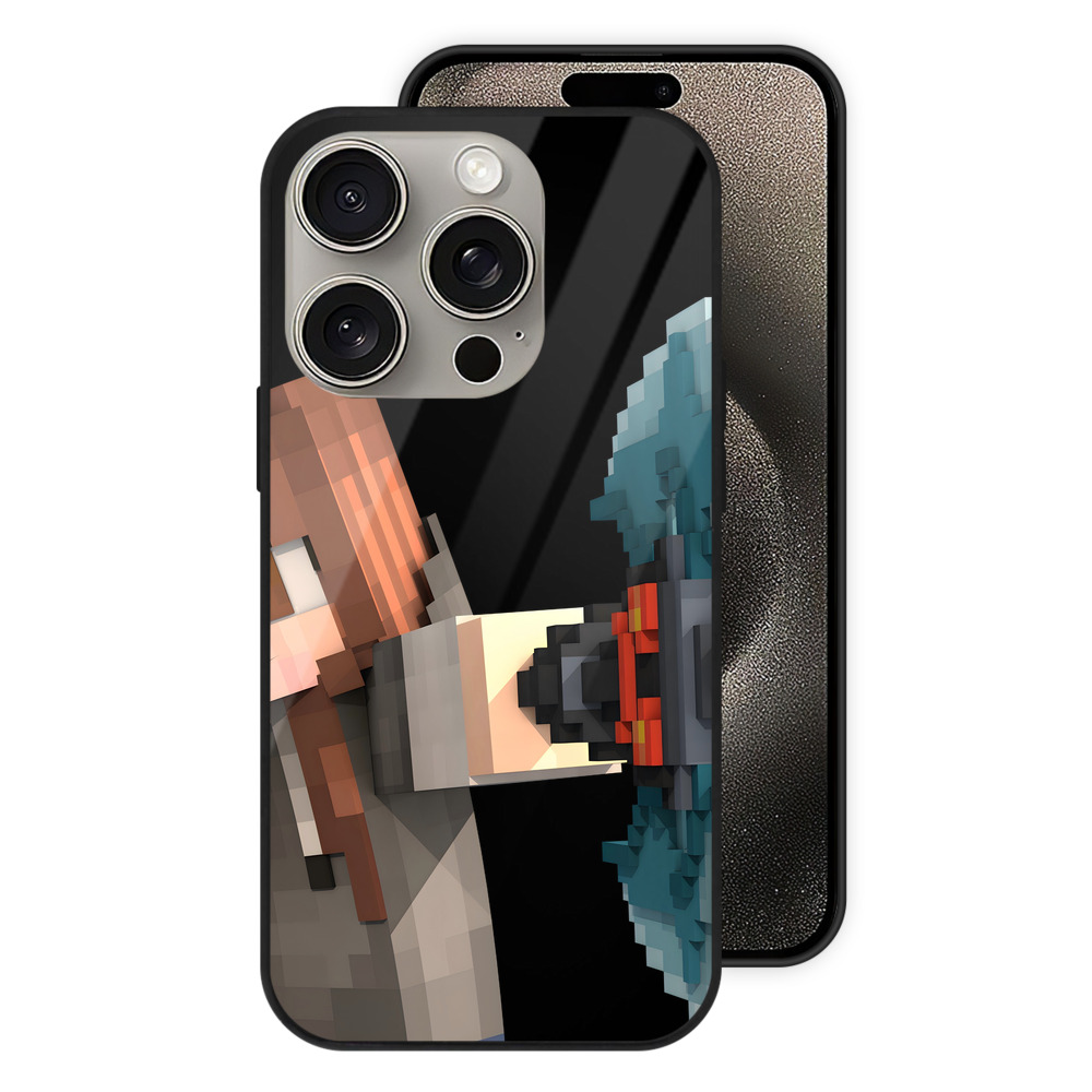 （画像用） マインクラフト ブロックの世界 Minecraft MC Block world 【iPhone15Pro対応】スマホケース 耐衝撃＆黄変防止 背面ガラス