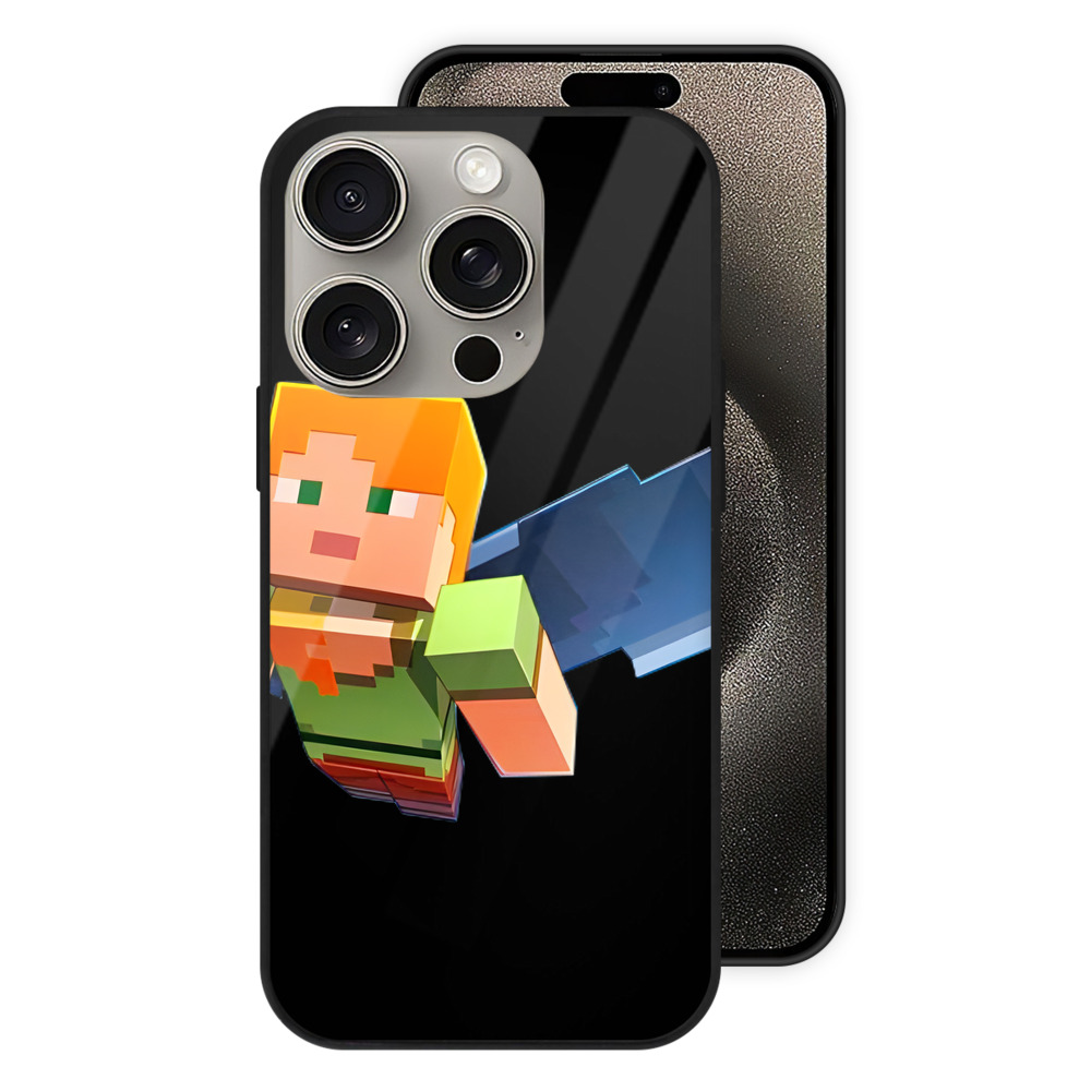 （画像用） マインクラフト ブロックの世界 Minecraft MC Block world 【iPhone15Pro対応】スマホケース 耐衝撃＆黄変防止 背面ガラス