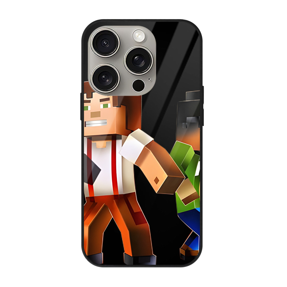（画像用） マインクラフト ブロックの世界 Minecraft MC Block world 【iPhone15Pro対応】スマホケース 耐衝撃＆黄変防止 背面ガラス