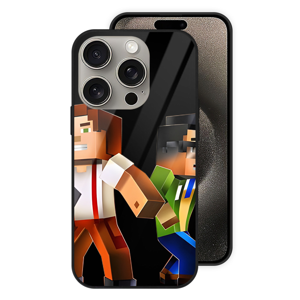 （画像用） マインクラフト ブロックの世界 Minecraft MC Block world 【iPhone15Pro対応】スマホケース 耐衝撃＆黄変防止 背面ガラス