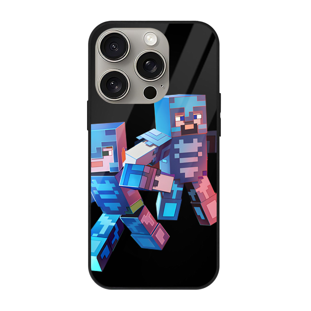 （画像用） マインクラフト ブロックの世界 Minecraft MC Block world 【iPhone15Pro対応】スマホケース 耐衝撃＆黄変防止 背面ガラス