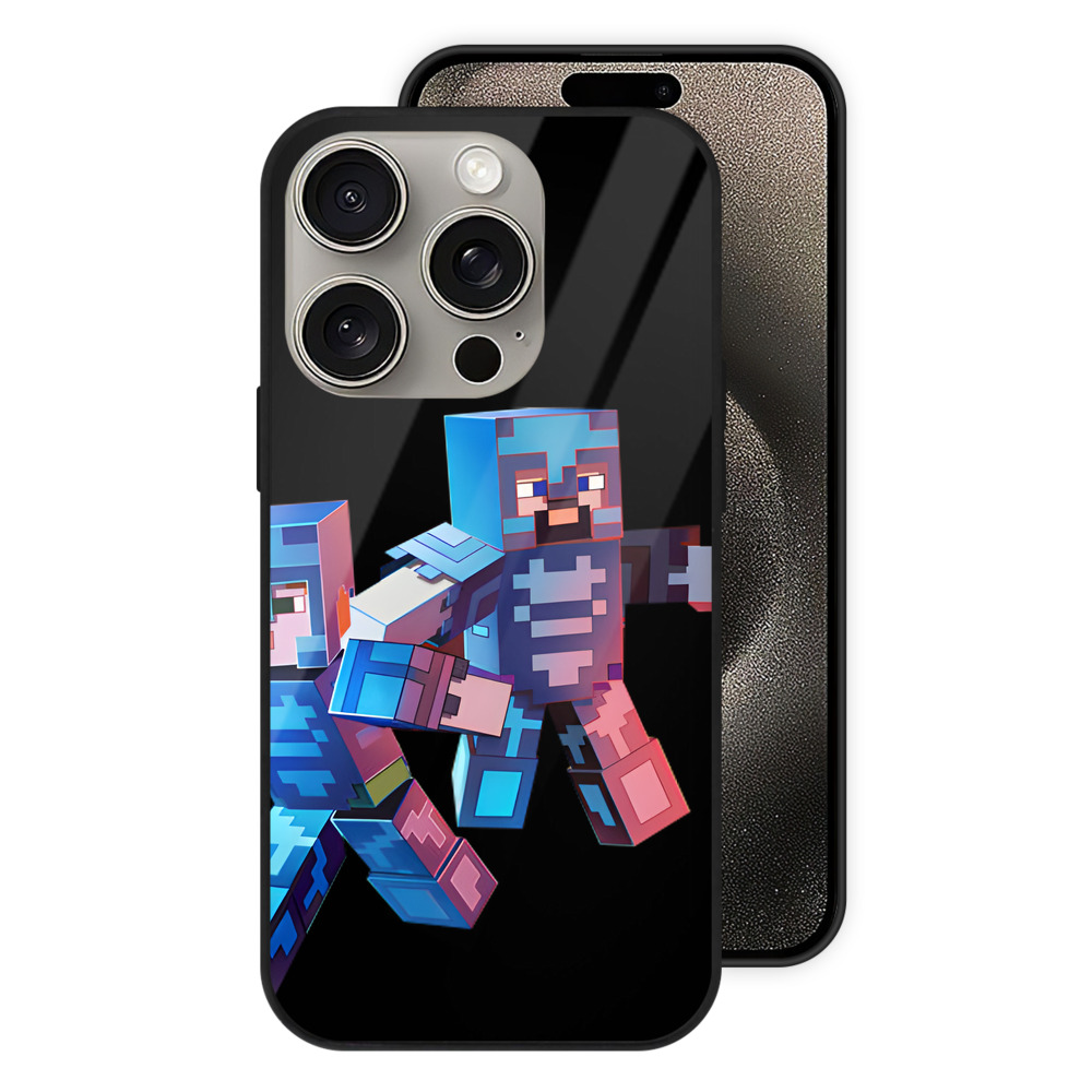 （画像用） マインクラフト ブロックの世界 Minecraft MC Block world 【iPhone15Pro対応】スマホケース 耐衝撃＆黄変防止 背面ガラス