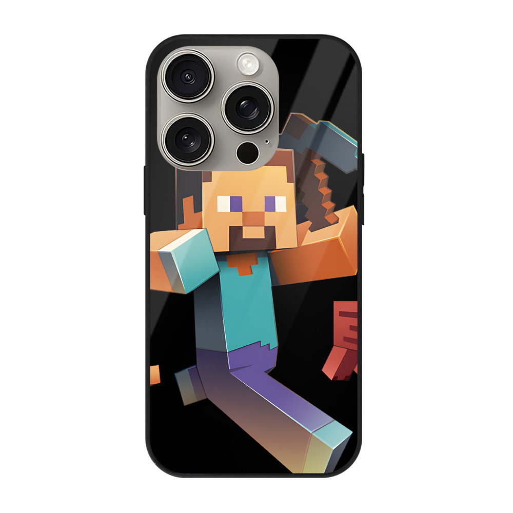 （画像用） マインクラフト ブロックの世界 Minecraft MC Block world 【iPhone15Pro対応】スマホケース 耐衝撃＆黄変防止 背面ガラス