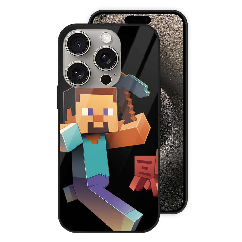 （画像用） マインクラフト ブロックの世界 Minecraft MC Block world 【iPhone15Pro対応】スマホケース 耐衝撃＆黄変防止 背面ガラス