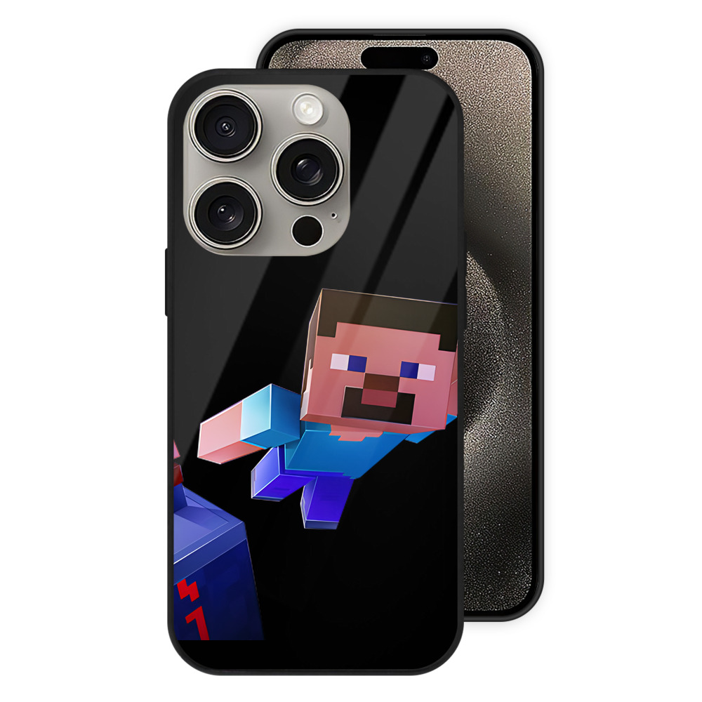 （画像用） マインクラフト ブロックの世界 Minecraft MC Block world 【iPhone15Pro対応】スマホケース 耐衝撃＆黄変防止 背面ガラス