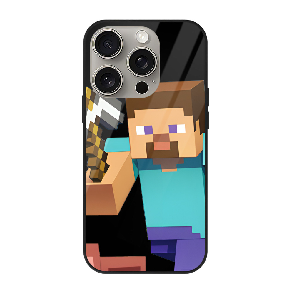 （画像用） マインクラフト ブロックの世界 Minecraft MC Block world 【iPhone15Pro対応】スマホケース 耐衝撃＆黄変防止 背面ガラス