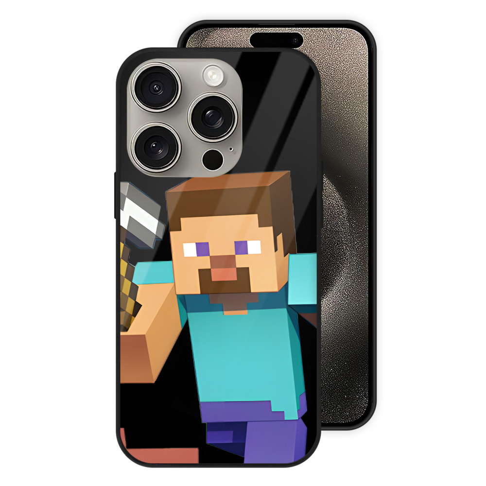（画像用） マインクラフト ブロックの世界 Minecraft MC Block world 【iPhone15Pro対応】スマホケース 耐衝撃＆黄変防止 背面ガラス