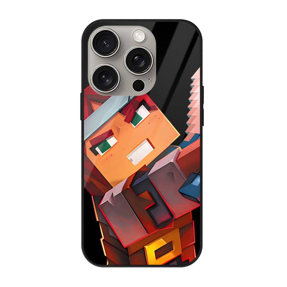 （画像用） マインクラフト ブロックの世界 Minecraft MC Block world 【iPhone15Pro対応】スマホケース 耐衝撃＆黄変防止 背面ガラス