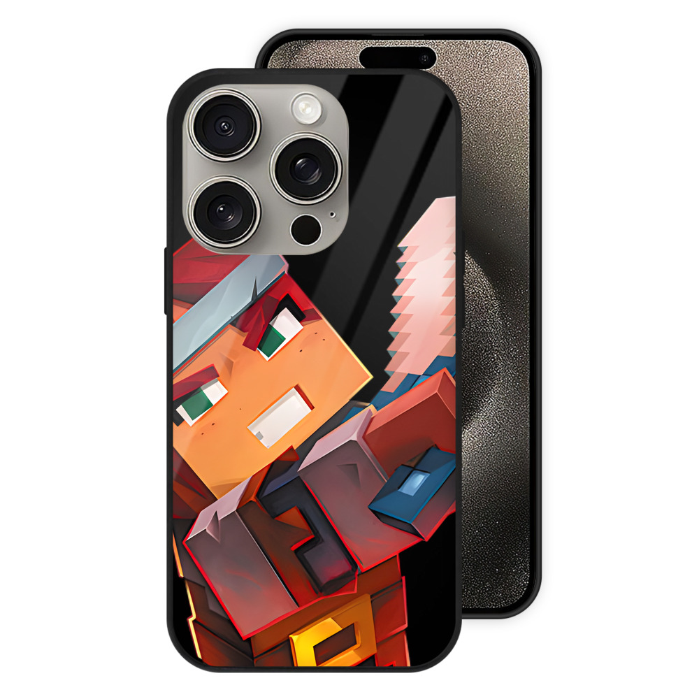 （画像用） マインクラフト ブロックの世界 Minecraft MC Block world 【iPhone15Pro対応】スマホケース 耐衝撃＆黄変防止 背面ガラス
