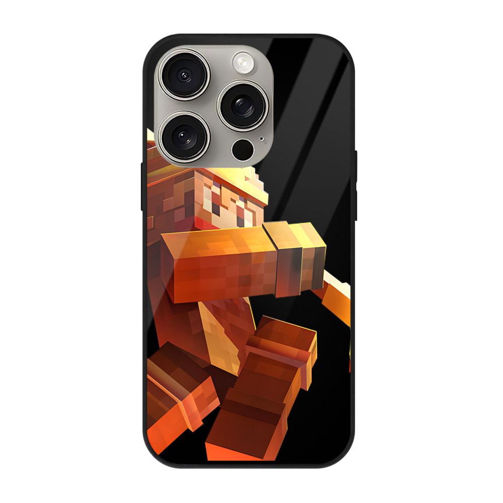 （画像用） マインクラフト ブロックの世界 Minecraft MC Block world 【iPhone15Pro対応】スマホケース 耐衝撃＆黄変防止 背面ガラス