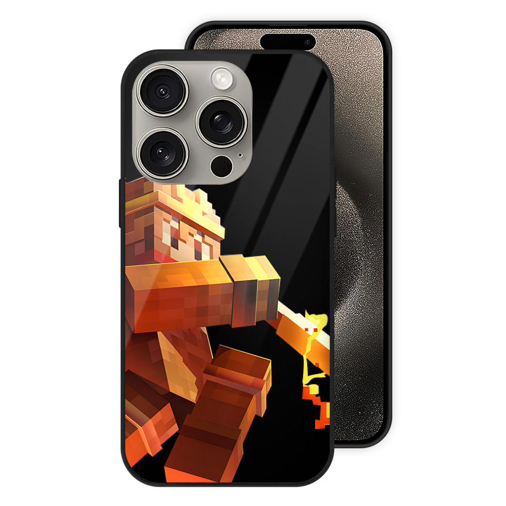 （画像用） マインクラフト ブロックの世界 Minecraft MC Block world 【iPhone15Pro対応】スマホケース 耐衝撃＆黄変防止 背面ガラス