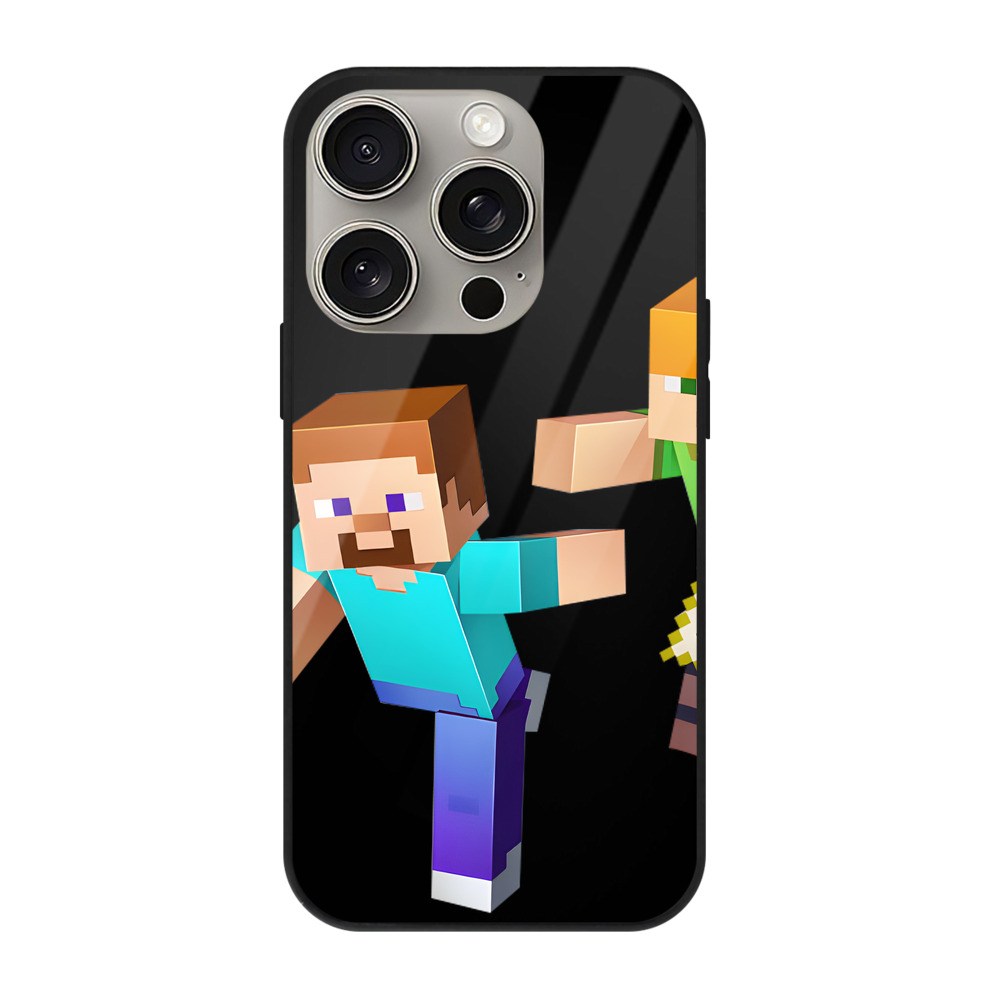 （画像用） マインクラフト ブロックの世界 Minecraft MC Block world 【iPhone15Pro対応】スマホケース 耐衝撃＆黄変防止 背面ガラス